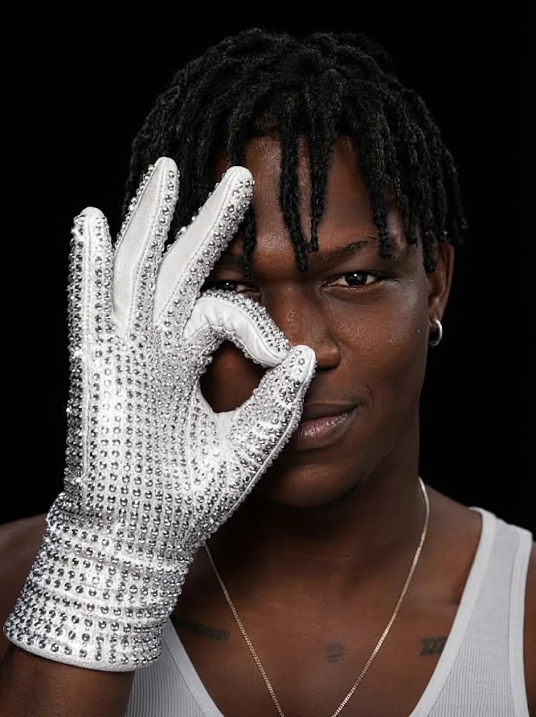 Retrato en fondo negro: hombre con twists y camiseta blanca hace el gesto de «perfecto» con un guante brillante